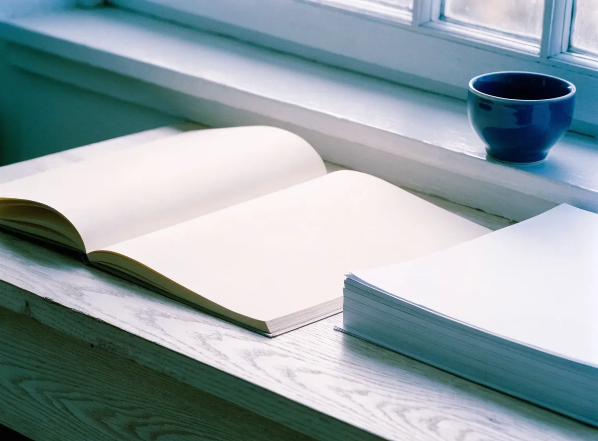 An open notebook with blank pages beside a stack of plain paper and a small deep blue ceramic cup on a whitewashed desk under a window.